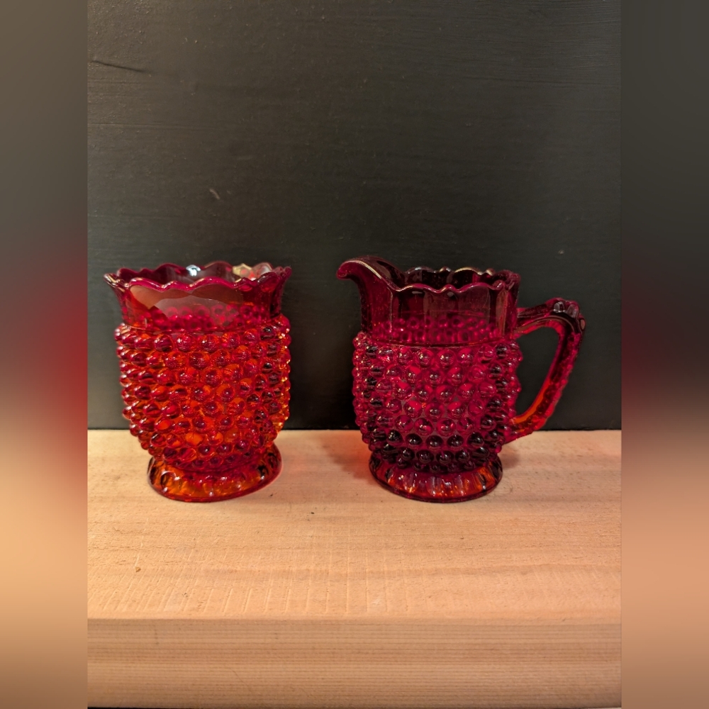 Vintage Fenton Red Hobnail Cream And Sugar